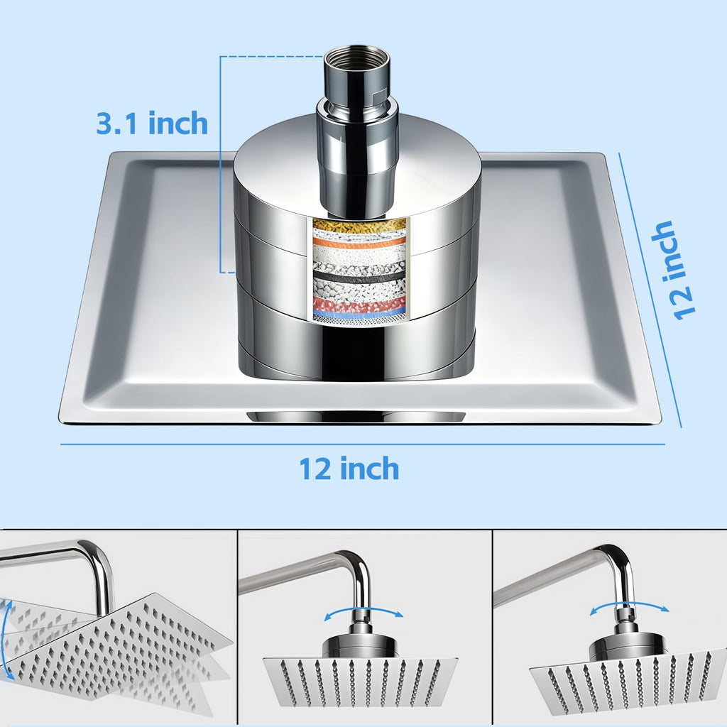 Rain Shower Head with Filter for Hard Water Square 12 Inch Chrome Polish