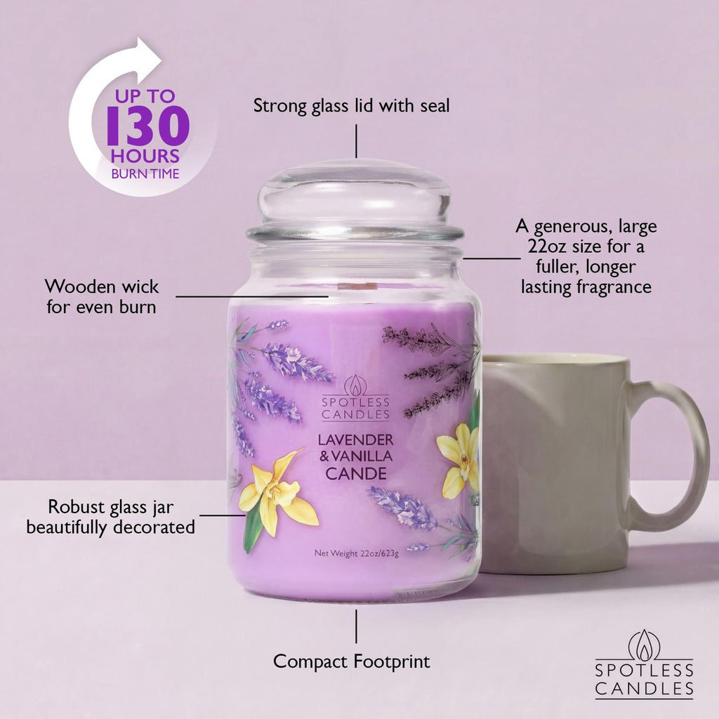 Vanilla & Lavender Candle 22oz Glass Jar with Wooden Wick in a Decorated Jar Within a Presentation Gift Box and