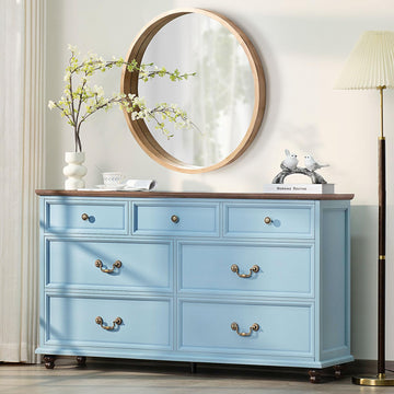 Farmhouse 54" 7 Drawers, Wide Wood Chest of Drawers w/ 4 Wooden Legs, Vintage Large Storage Dressers Organizer
