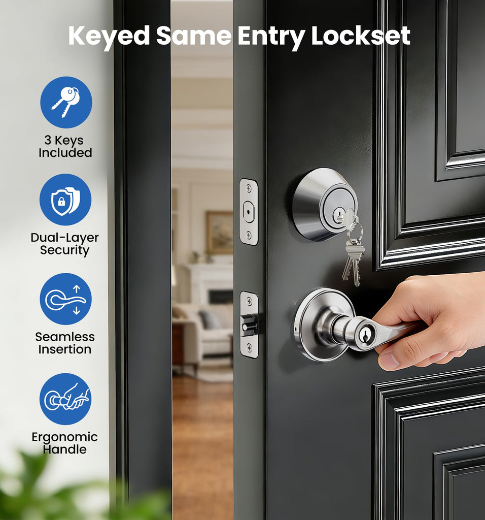 Keyed Alike Exterior Door Handle Lock Set with Deadbolt, Satin Nickel