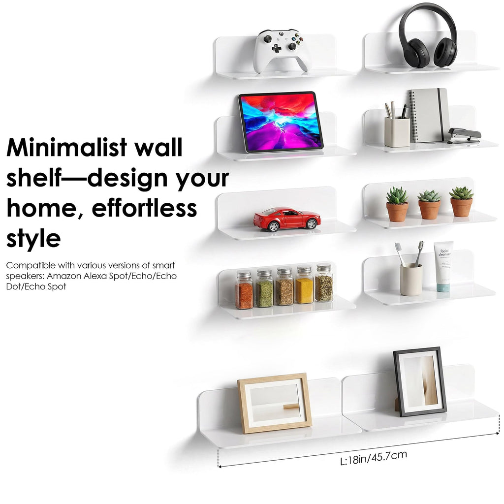Acrylic Floating Wall Shelves White, No Drill, 9 Inch 2 Pack