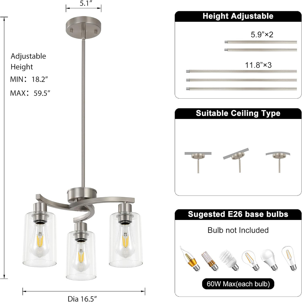 3 Light Brushed Nickel Dining Room Light Fixture,Modern Kitchen Chandeliers Over Table，Adjustable Height Industrial