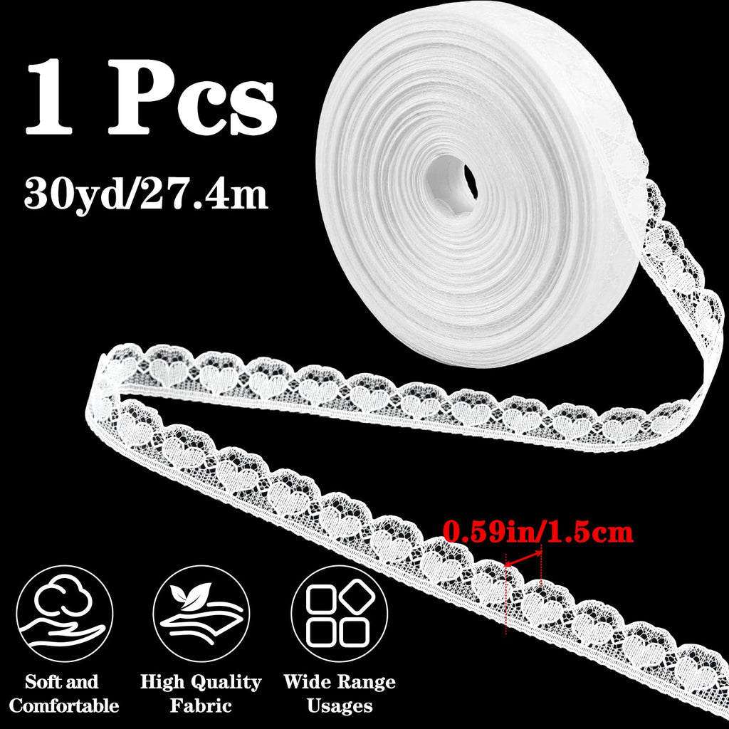 30 Yards White Lace Ribbon 0.59 inches Vintage Heart Lace Trim