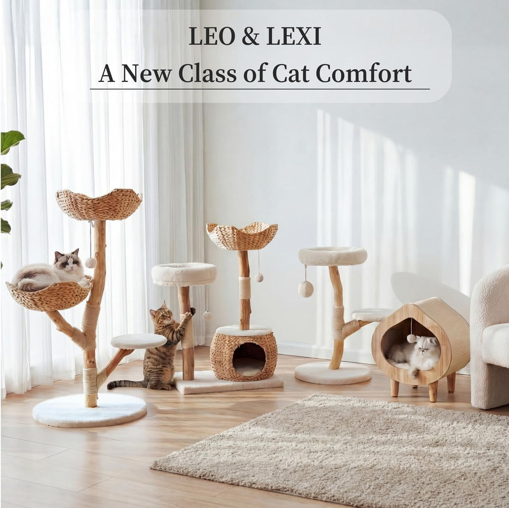 Real Wood Modern Cat Tree Tower, Cat Scratching Post with Bed for Small Indoor Cats, Solid Wooden Climbing Tower