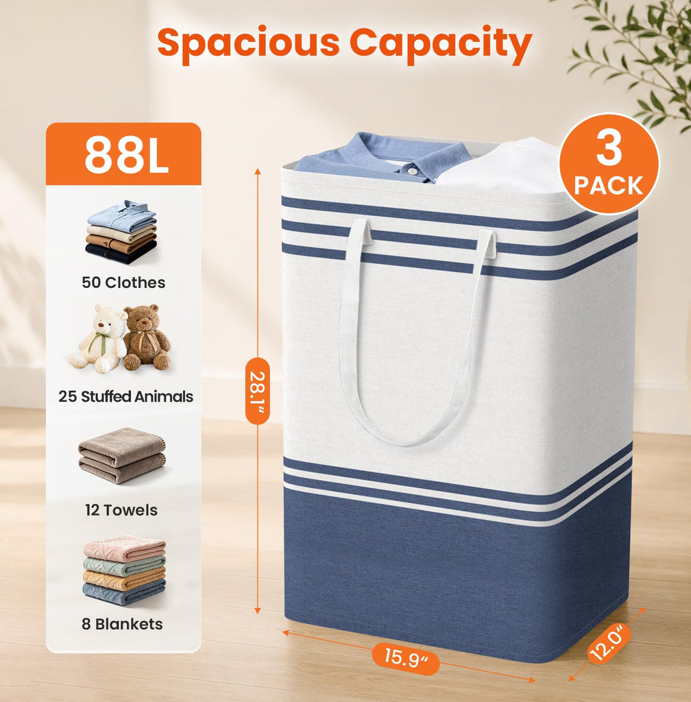 3-Pack Laundry Basket, Laundry Hamper, Blue-88L