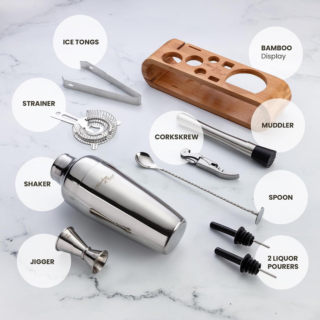 Mixology Cocktail Shaker Set - 10-Piece Cocktail Making Set - Home Bartender Kit in Bamboo Stand with Spoon, Boston