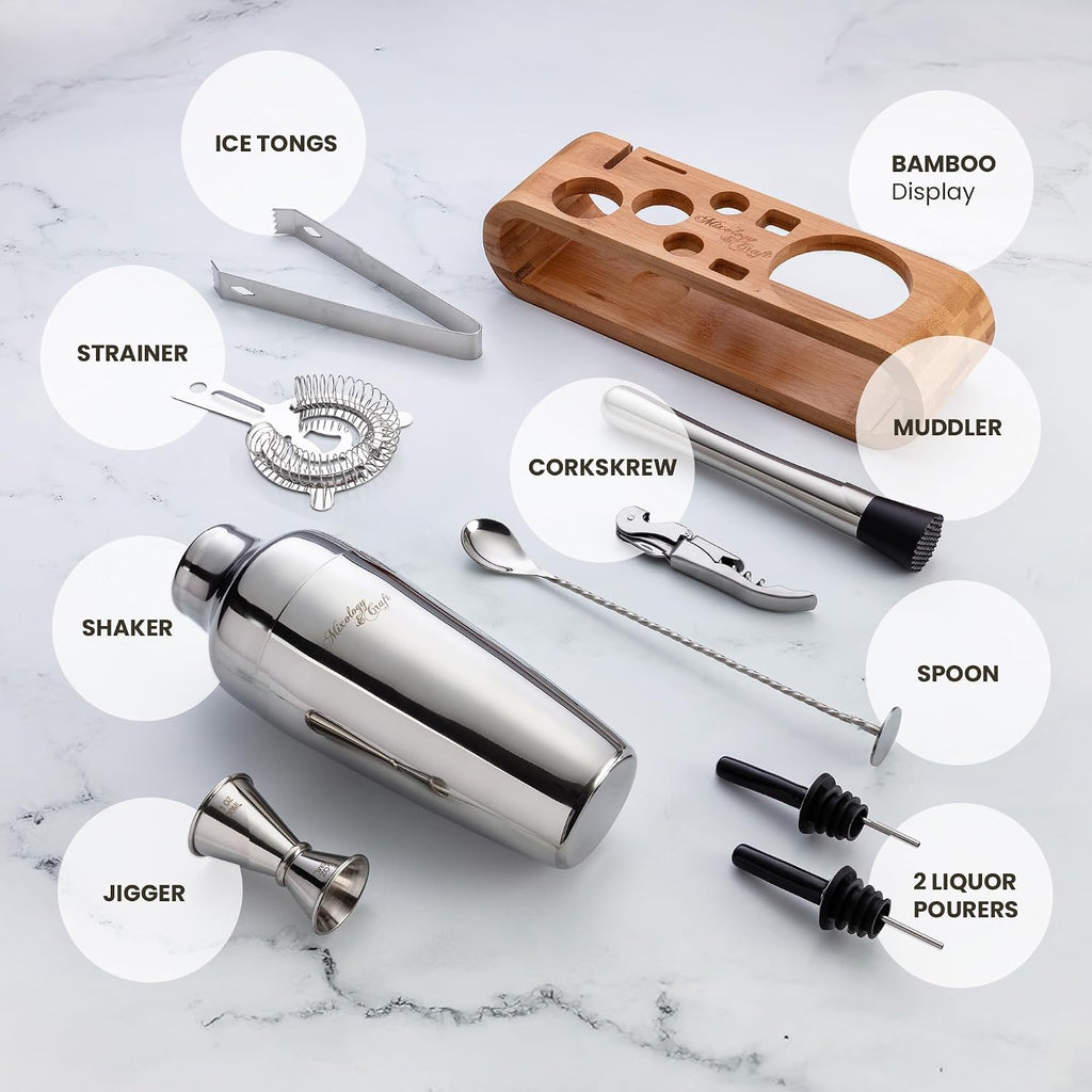 Mixology Cocktail Shaker Set - 10-Piece Cocktail Making Set - Home Bartender Kit in Bamboo Stand with Spoon, Boston - Set of 10