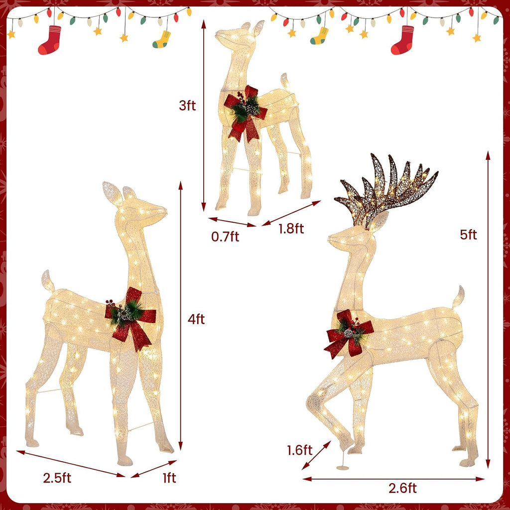 3-Piece Lighted Christmas Reindeer Family Set, Indoor Outdoor Christmas Decoration with 230 Warm Color Lights, Buck
