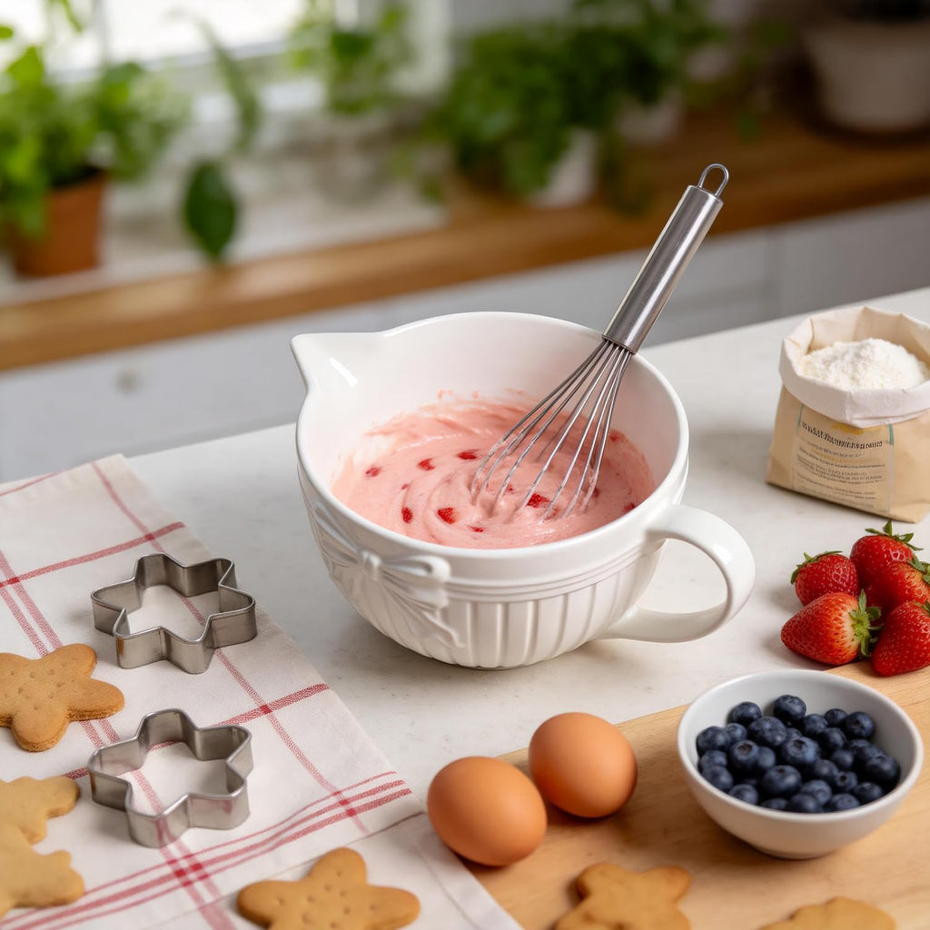 Bow Embossed Ceramic Mixing Bowl, 1 Quart Batter Bowl, with Pouring Spout and Handle, White