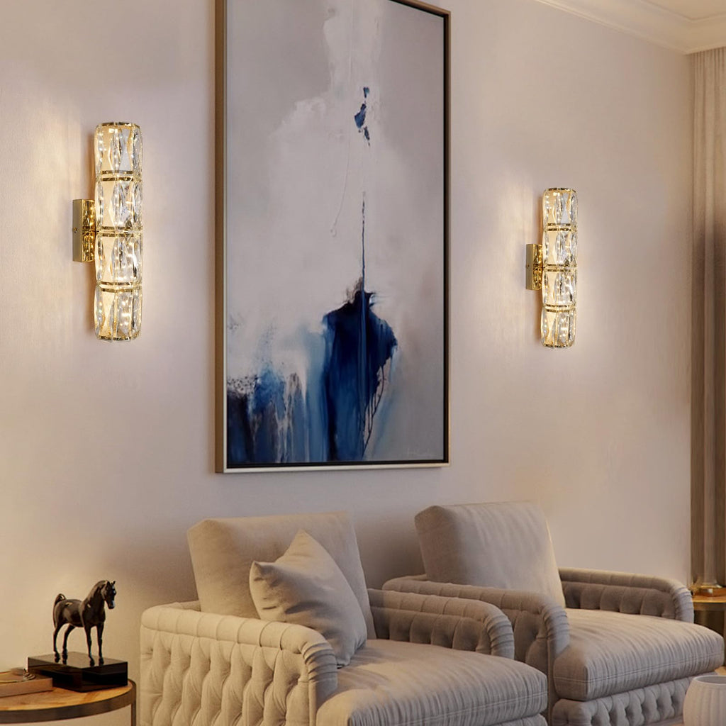 Gold Crystal Wall Sconce, Modern Dimmable LED Indoor Wall Light Fixtures with Remote, Elegant K9 Crystal Bathroom
