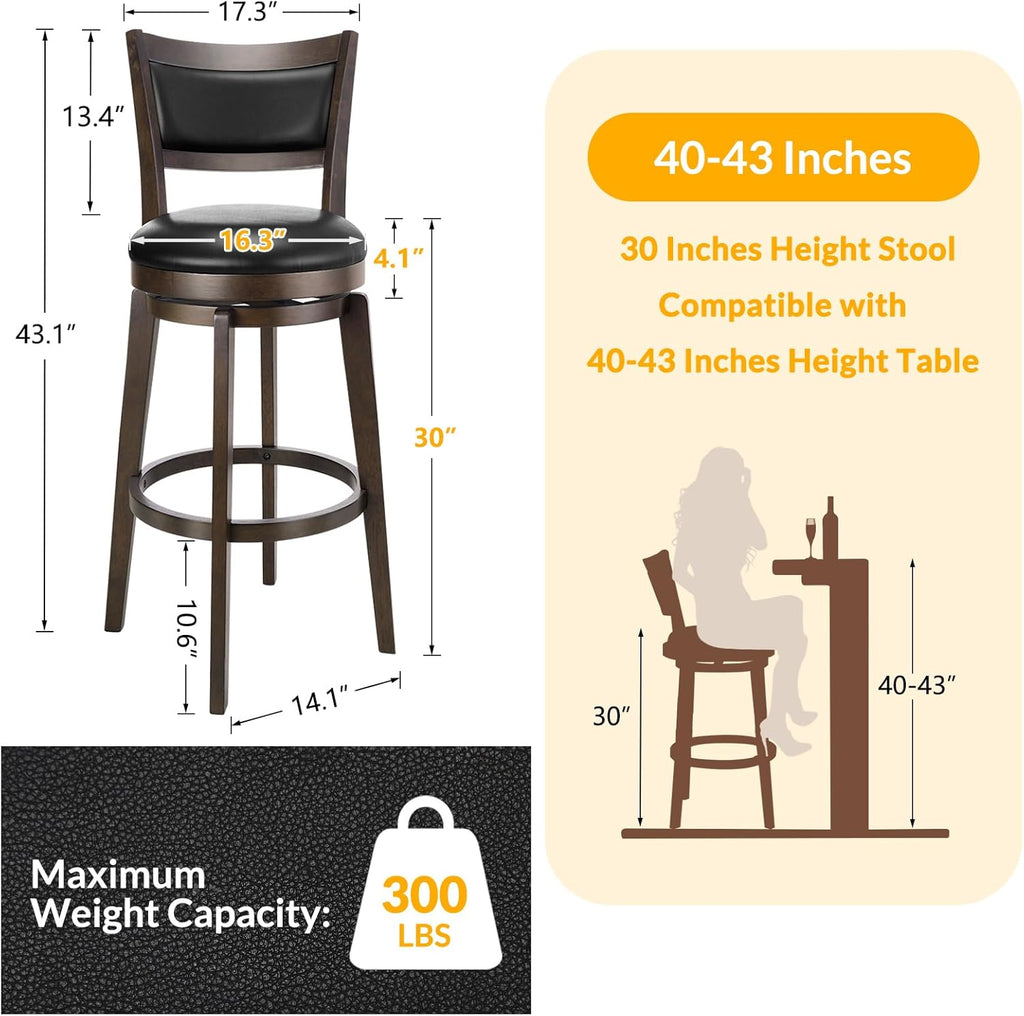 Swivel Bar Stools Set of 2, 30 Inch Bar Height Barstools, Black Faux Leather Bar Stool with High Backrest & Solid