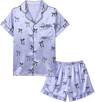 Girls Satin Pajama Set Piece Short Sleeve Button-Down Sleepwear