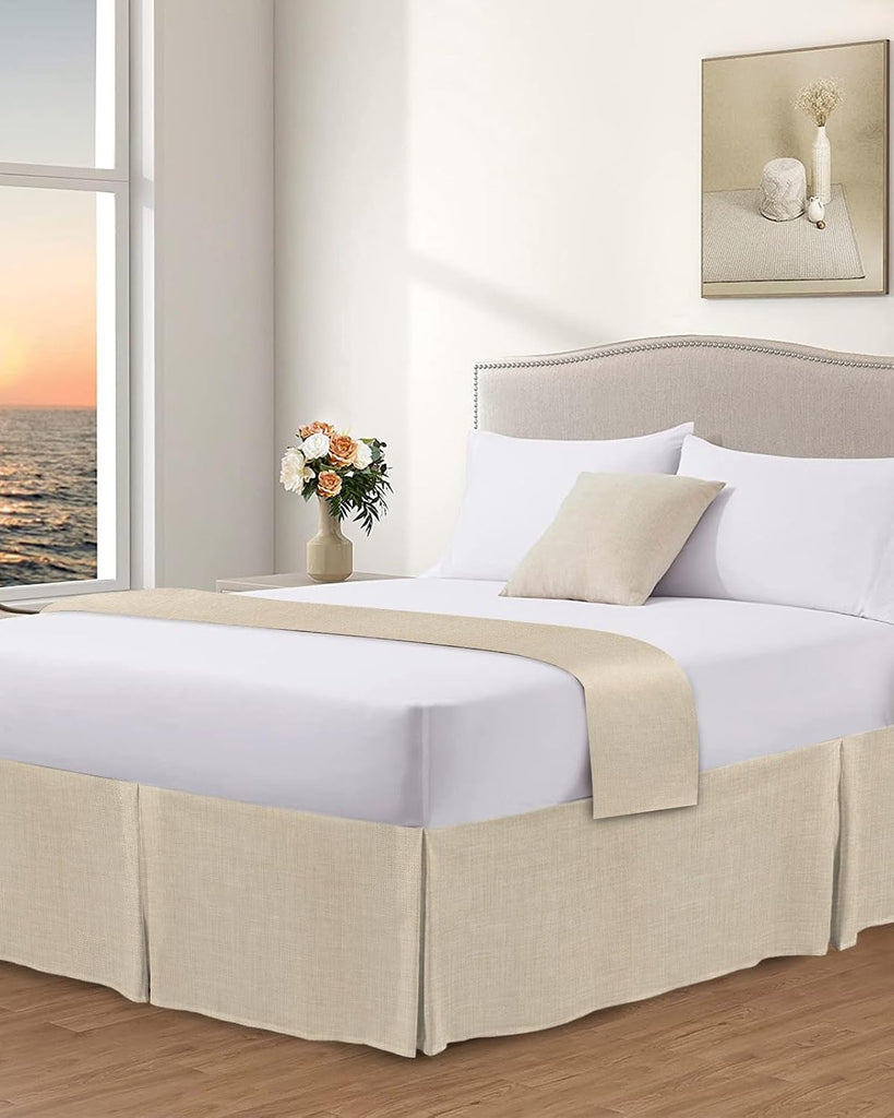 Bed Skirts King Size 16 Inch Tailored Drop Beige Linen Texture Wrap Around Bed Skirt with Split Corners Hotel Quality