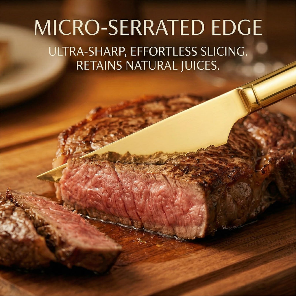 Gold Steak Knives, Ultra-Sharp Stainless Steel Cutlery Set, Dinner Knifes 6-Piece Stainless Steel kitchen Serrated Best