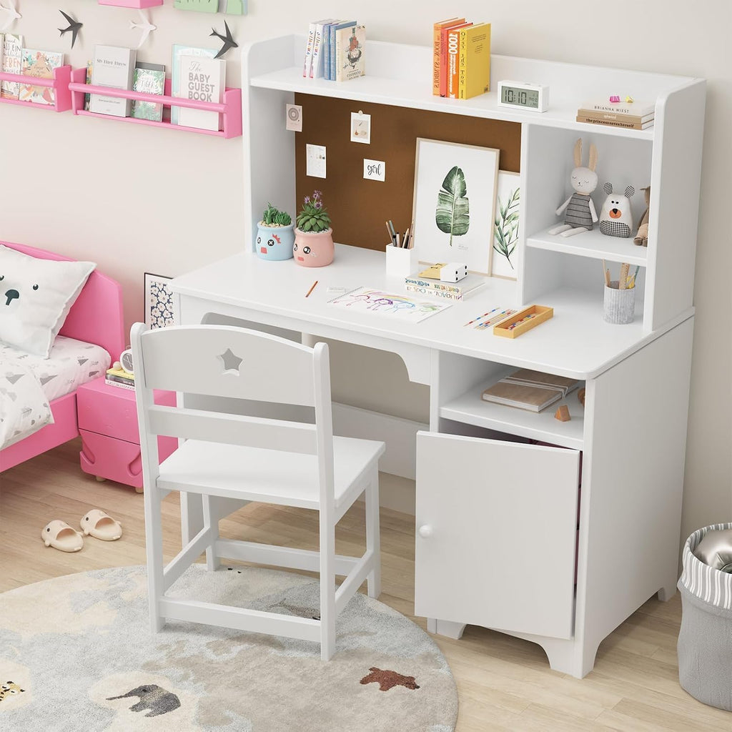 Kids Desk & Chair Set,Wooden Student Writing Table and Computer Workstation with Hutch & Storage Cabinet for Kids'