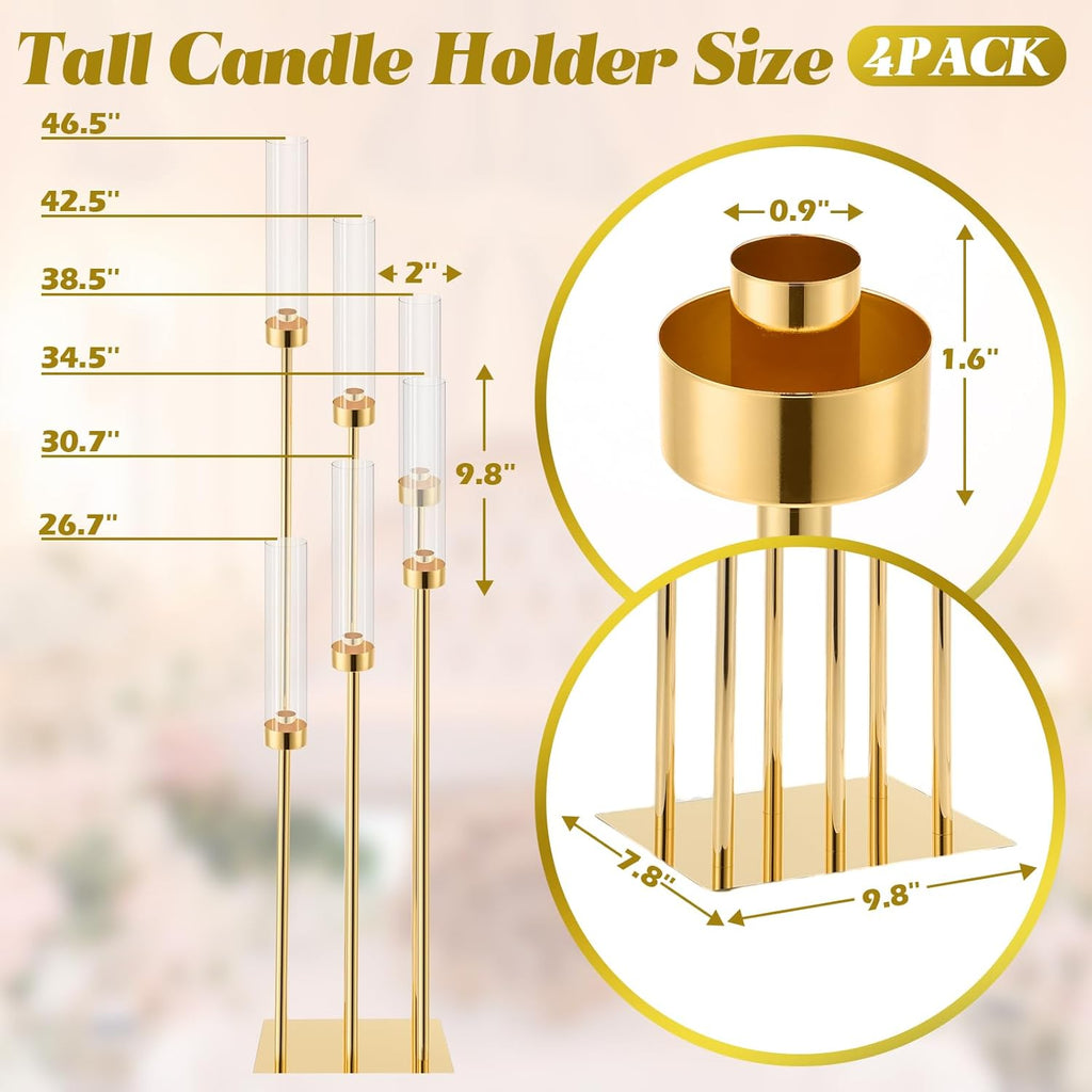 4 Pcs 6 Arm Wedding Gold Candelabra Table Centerpiece 46.5" Floor Candle Holder Metal Tall Candlestick Acrylic