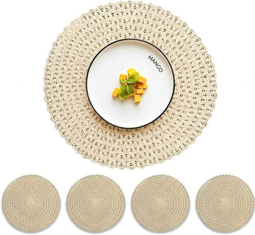 Round Placemats-15 Inch Crochet Table Mats, Washable & Heat Resistant Woven Dining Placemats for Farmhouse - Set of 4