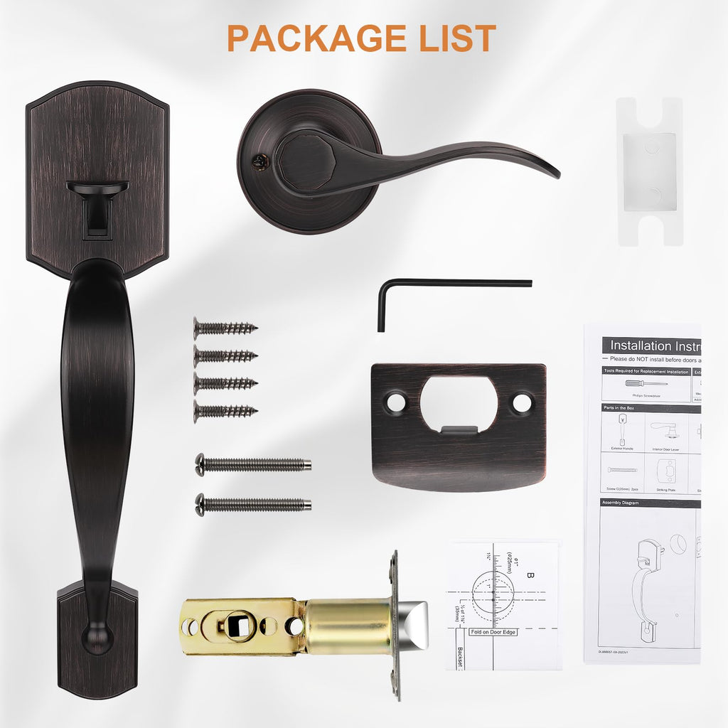 Front Door Handle Set,Entry Door Handleset,No Lock Reversible Lever,Oil Rubbed Bronze Exterior Door Lock,Heavy Duty