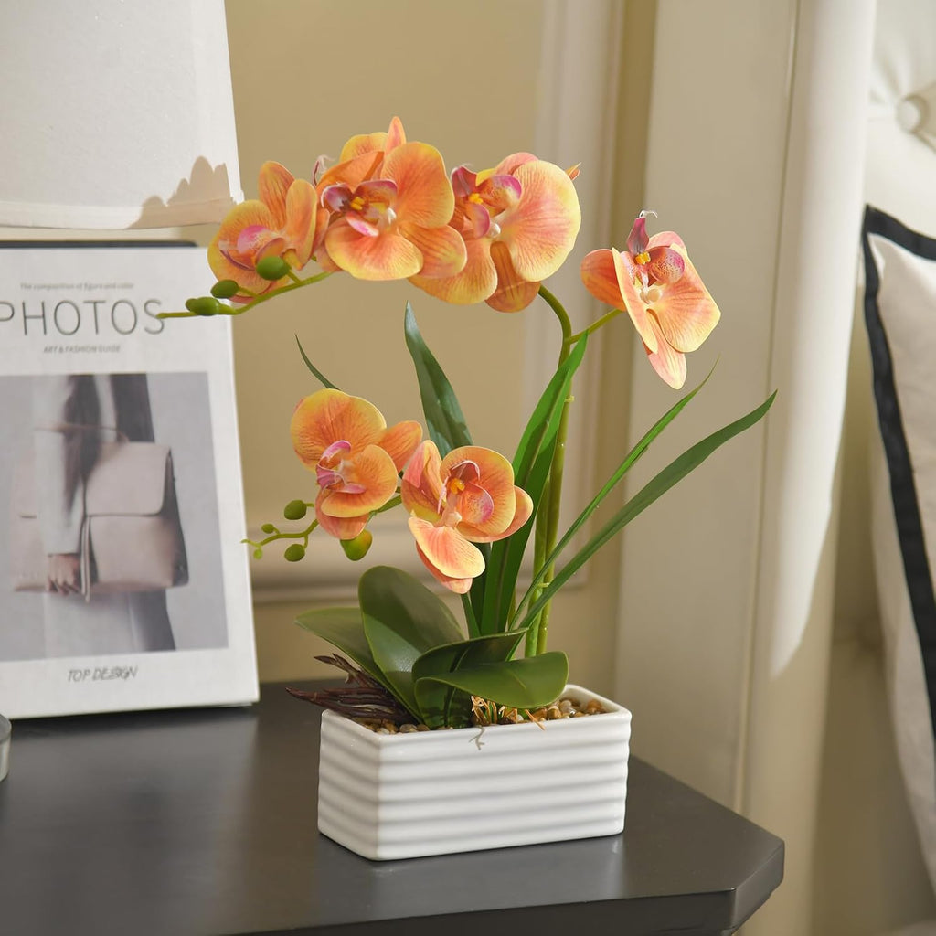 Artificial Real Touch Orchid Flowers with White Ceramic Vase, Orange