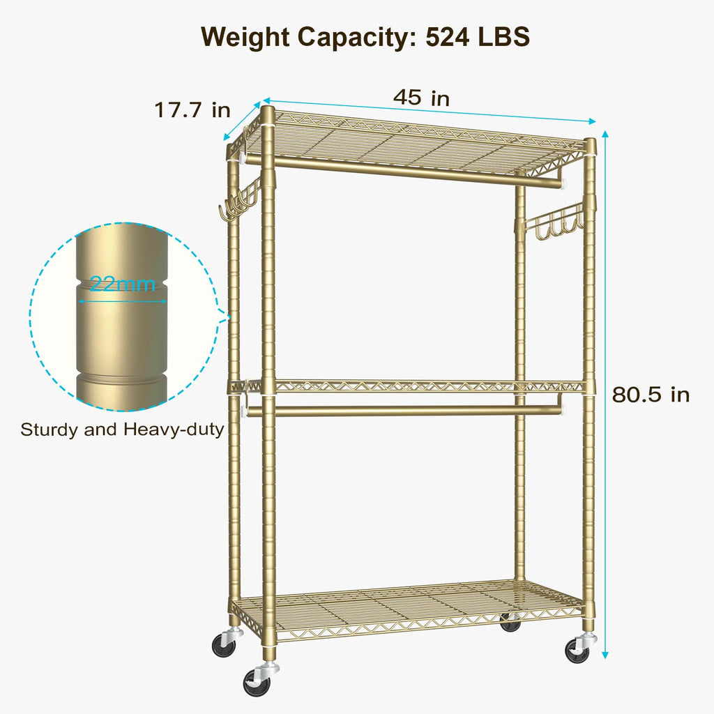 P1 Plus Rolling Clothes Rack, 22mm Diameter Heavy Duty Garment Rack