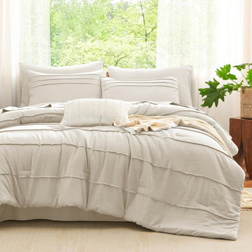 Queen Comforter Set Beige, 7 Pieces Soft Pinch Pleat Bed in a Bag Queen Comforter Set with Sheets