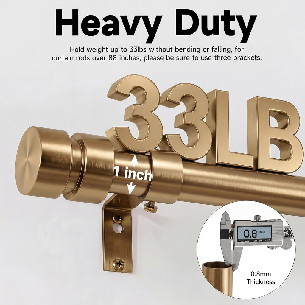 Warm Gold Curtain Rods with Solid Metal Finials 48 to 84 Inches Adjustable Heavy Duty 1 Inch Brass Curtain Rod for