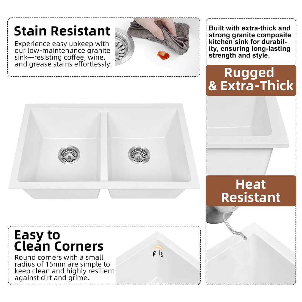 30 Inch White Double Bowl Undermount Kitchen Sink 50/50, 30 x 18 White Granite Composite Kitchen Sink, Deep Quartz