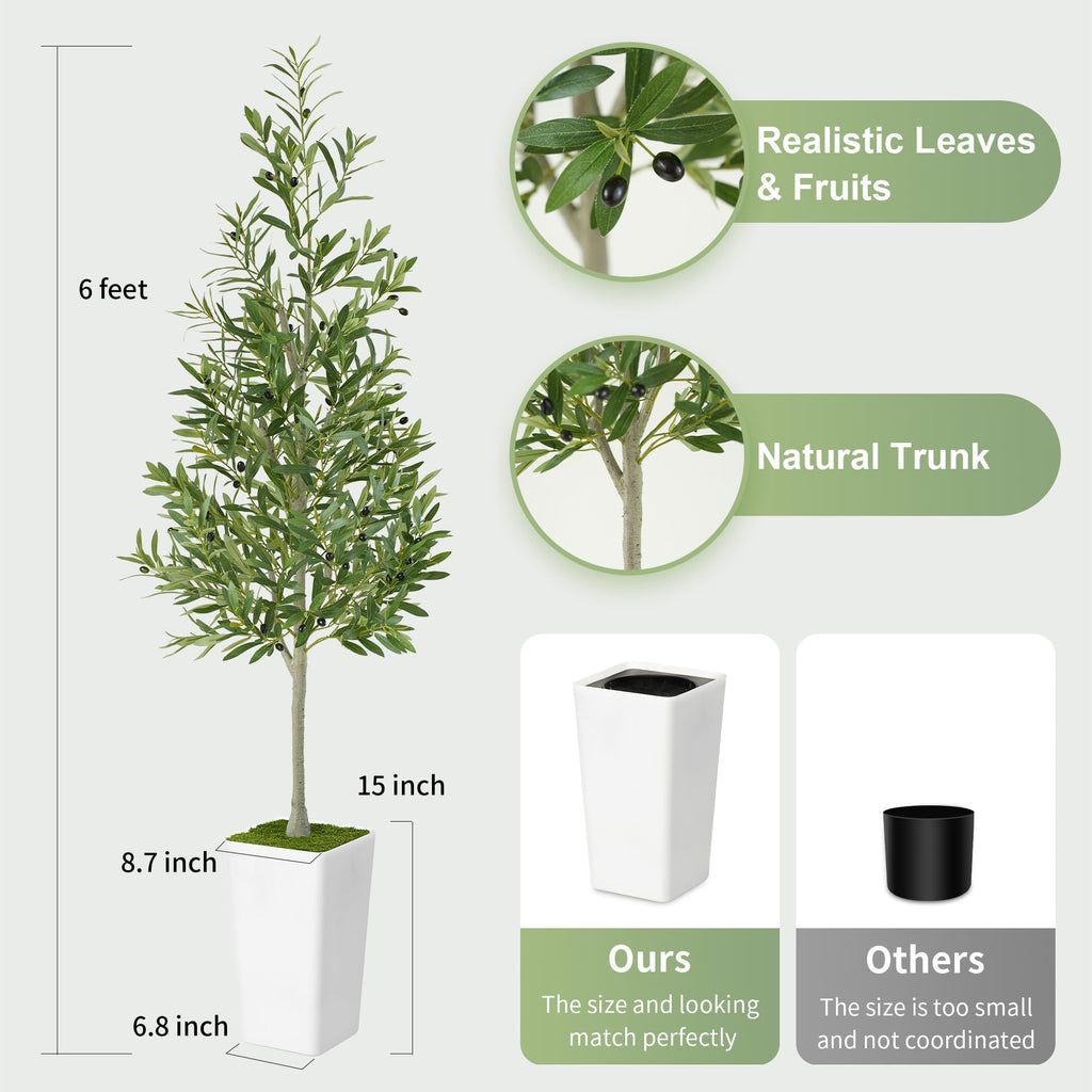 Artificial Olive Tree 6ft - Realistic Tall Fake Plants Living Room Bedroom Home Decor Indoor - Faux Floor Green Silk