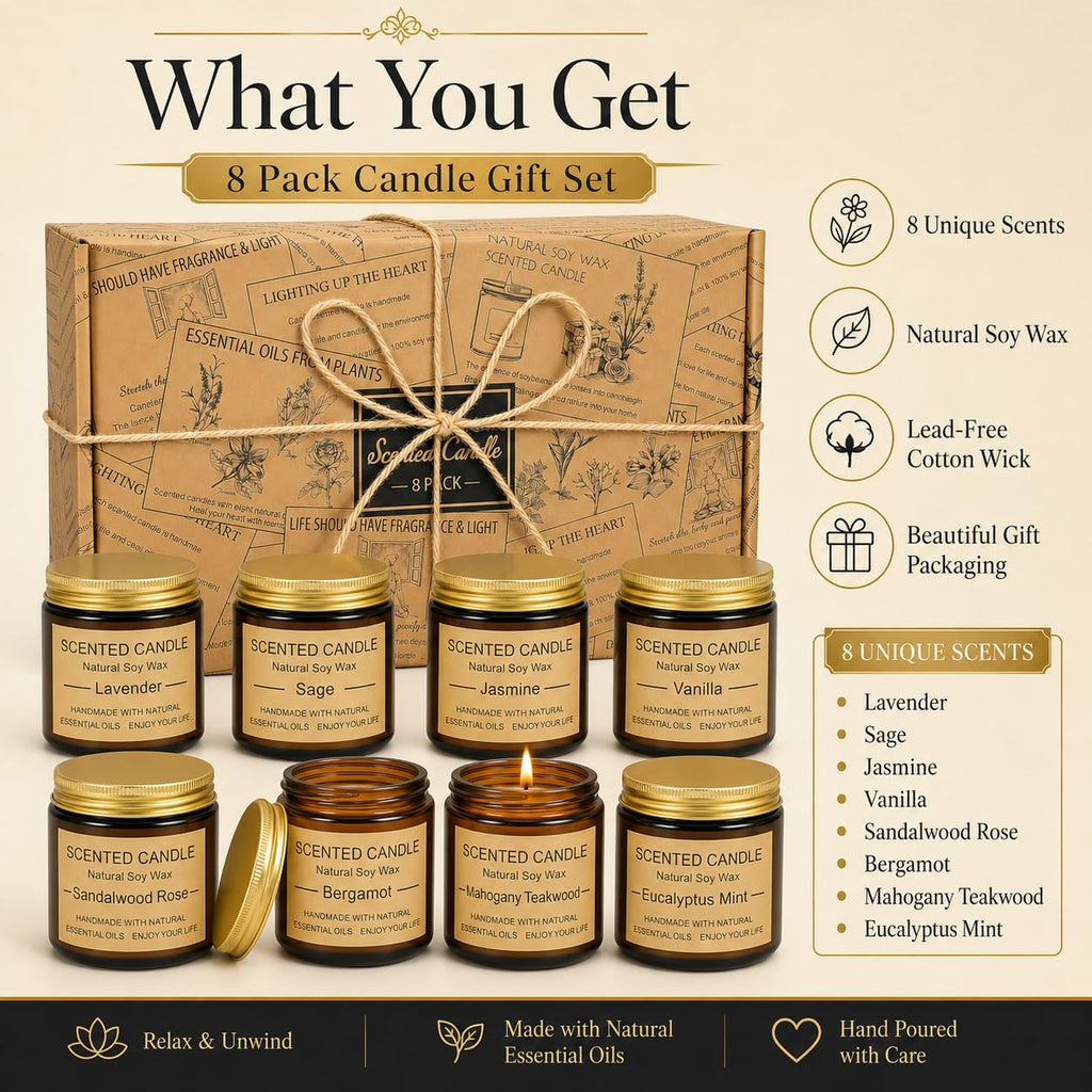 Scented Candles, Natural Soy h Elegant Packaging - Reassuring Gifts for Women and Men, Suitable - Set of 8