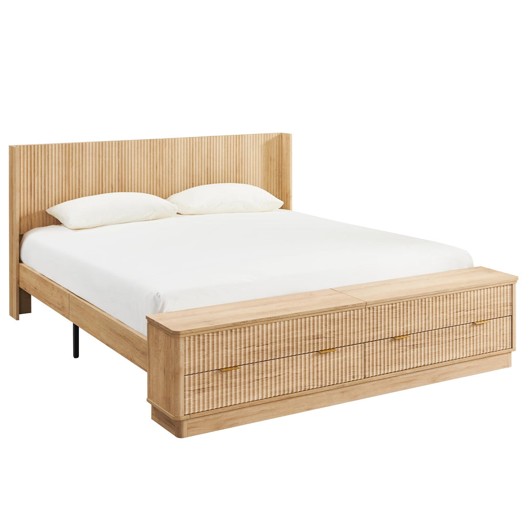 Fluted King Bed with Headboard and Storage Bench, Natural Oak