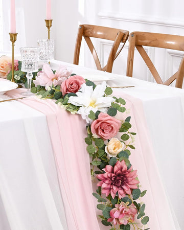 Flower Garland Decorations, 6.07Ft Pink Floral Rose Garland, Artificial Eucalyptus Greenery Vines with Flowers