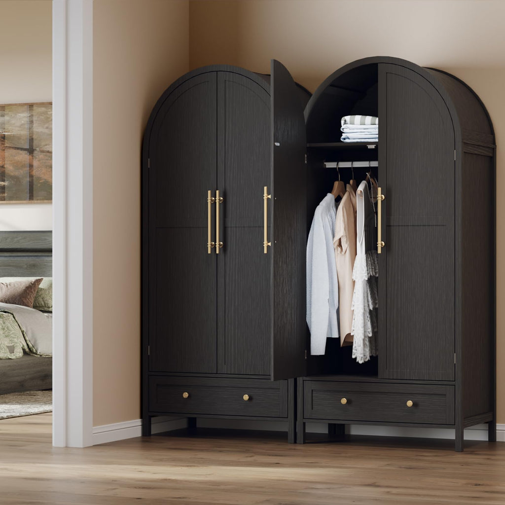 Arched Wardrobe Closet Armoire with Doors and Drawer, Bedroom Armoires Black Wardrobe Cabinet Closet, 19.7" D x 31.5"
