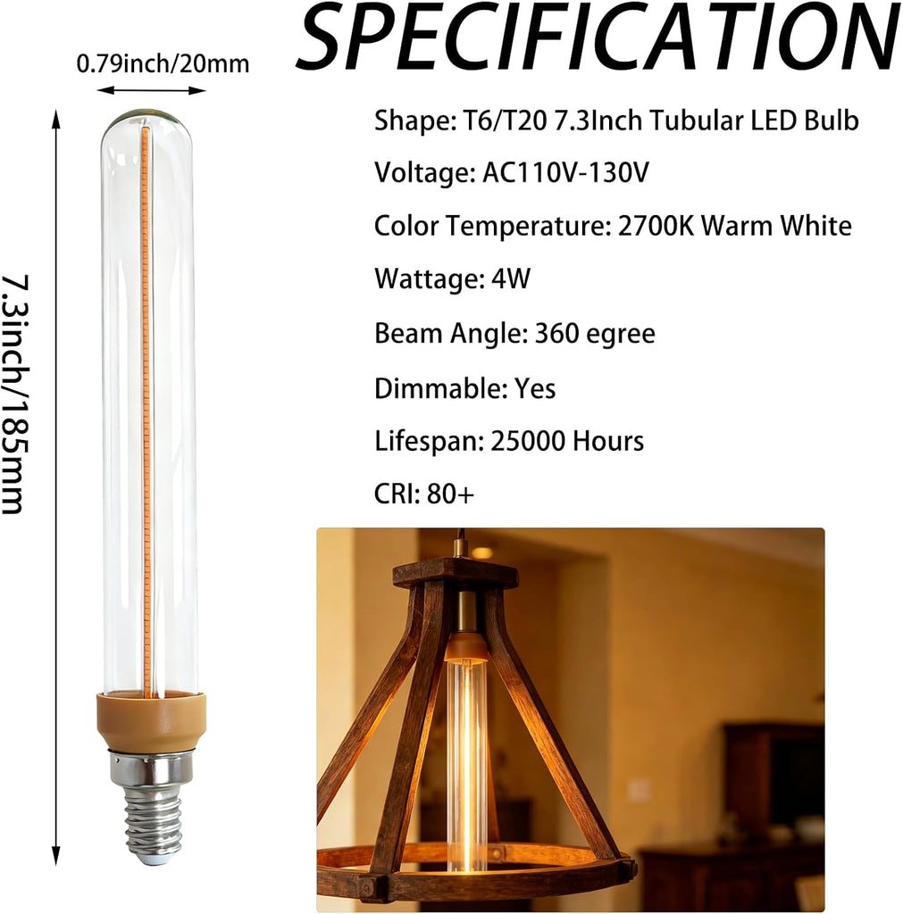 Long Tube LED Light Bulbs T6 E12 Candelabra Bulb 40 Watt Dimmable