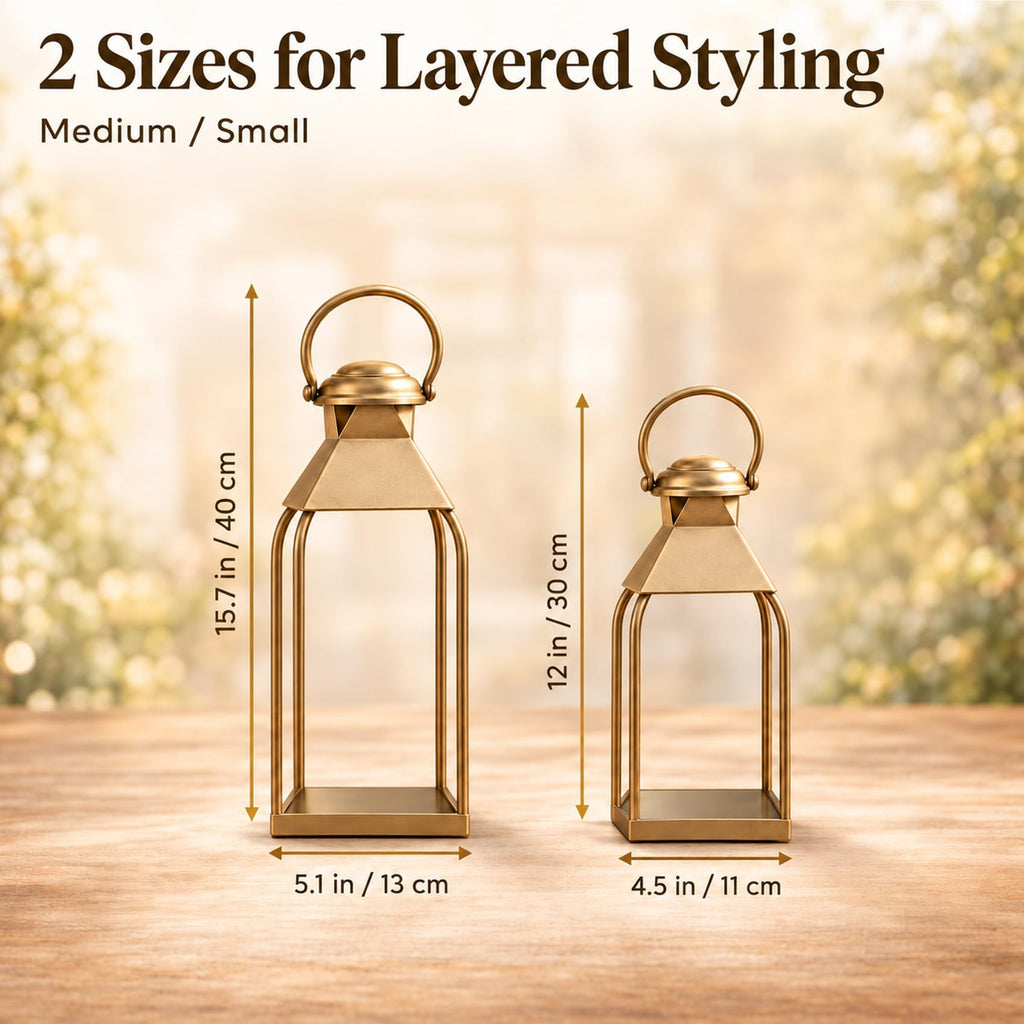 Antique Gold Decorative Metal Lanterns Indoor Outdoor Set of 2