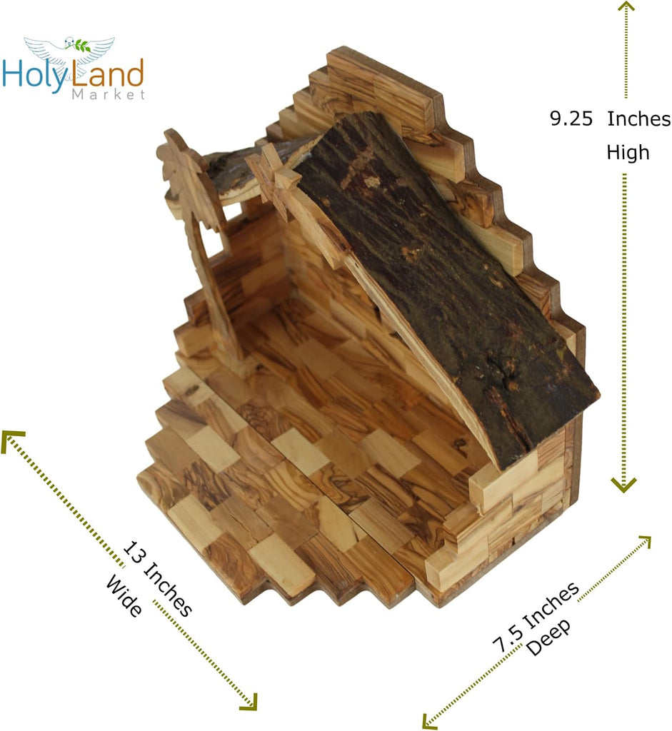 Land Market Traditional Olive Wood Nativity Set - Antique Style Bethlehem Stable, 12 Handmade Pieces - Christmas