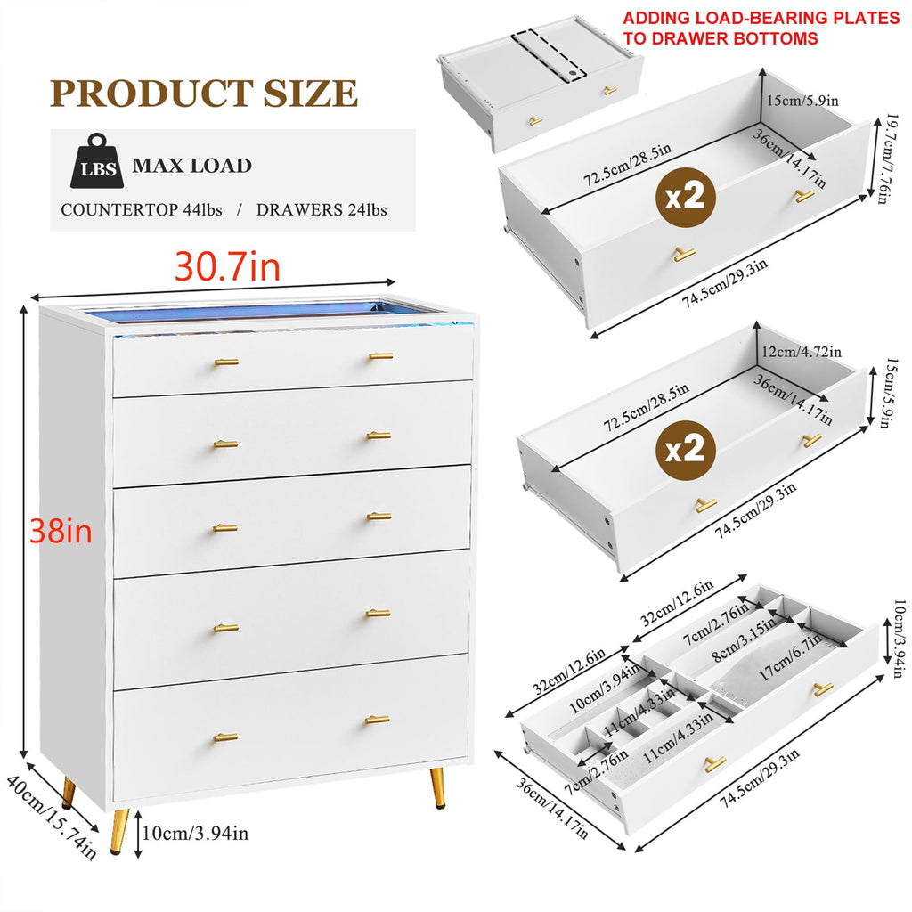Drawer Dresser with Glass Top and LED Lights, White