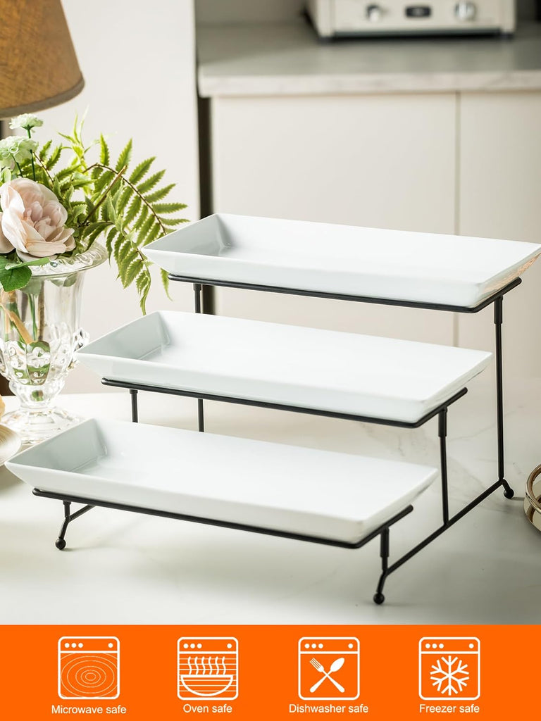 Tier Serving Stand Tiered Tray Stand with 3 Porcelain Serving Platters Trays for Dessert Server Display Collapsible - Set of 4