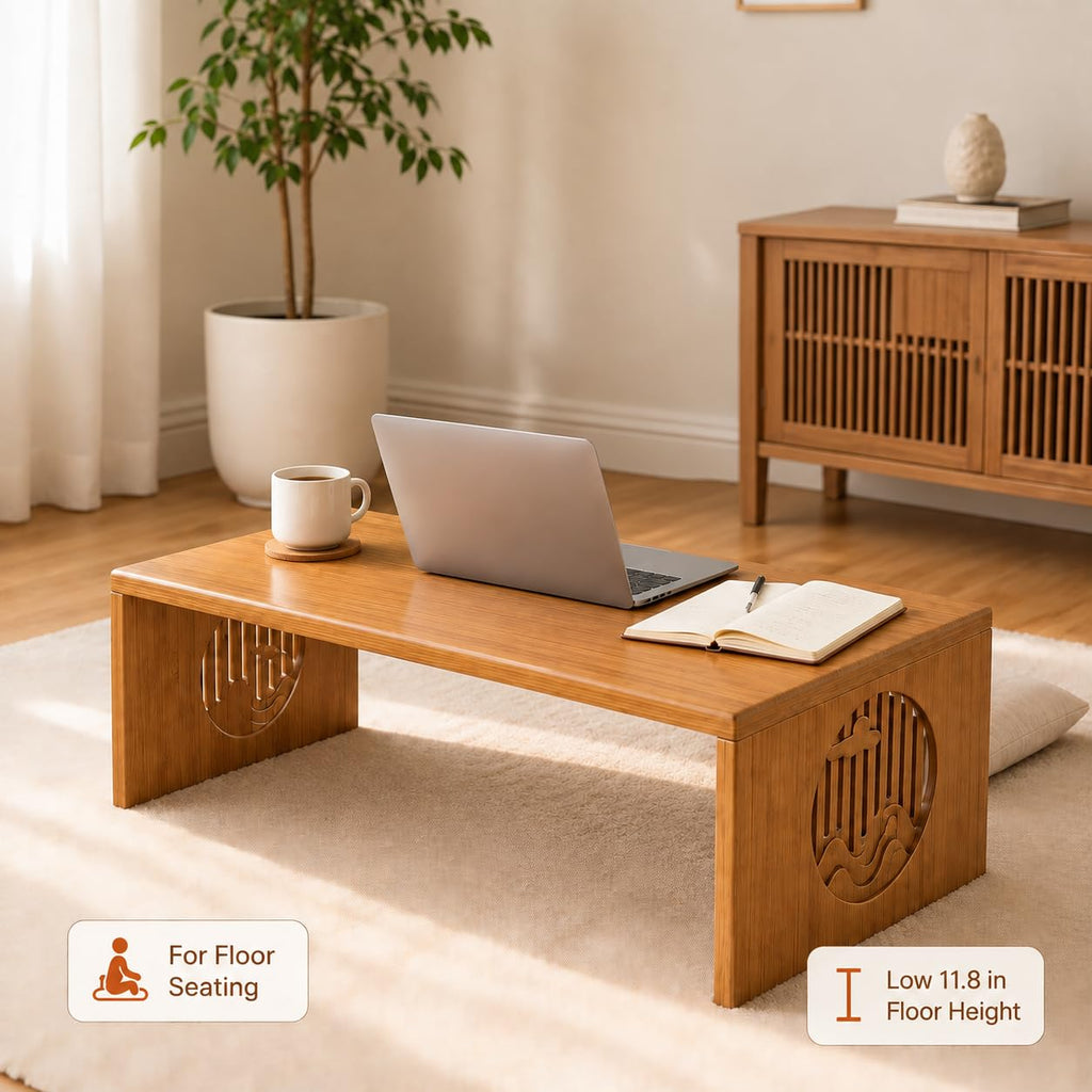 Japanese Folding Floor Table, Low Coffee Table, Bamboo Floor Desk