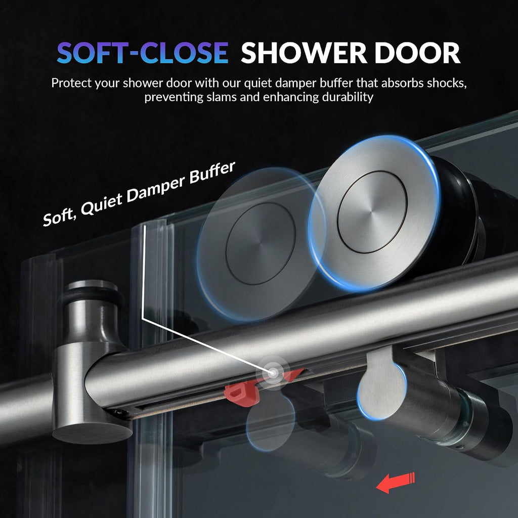 57.5-60" Wx76 H Soft Close Frameless Shower Door, 3/8"(10mm) Explosion-Proof Tempered Glass, Brushed Nickel Finish