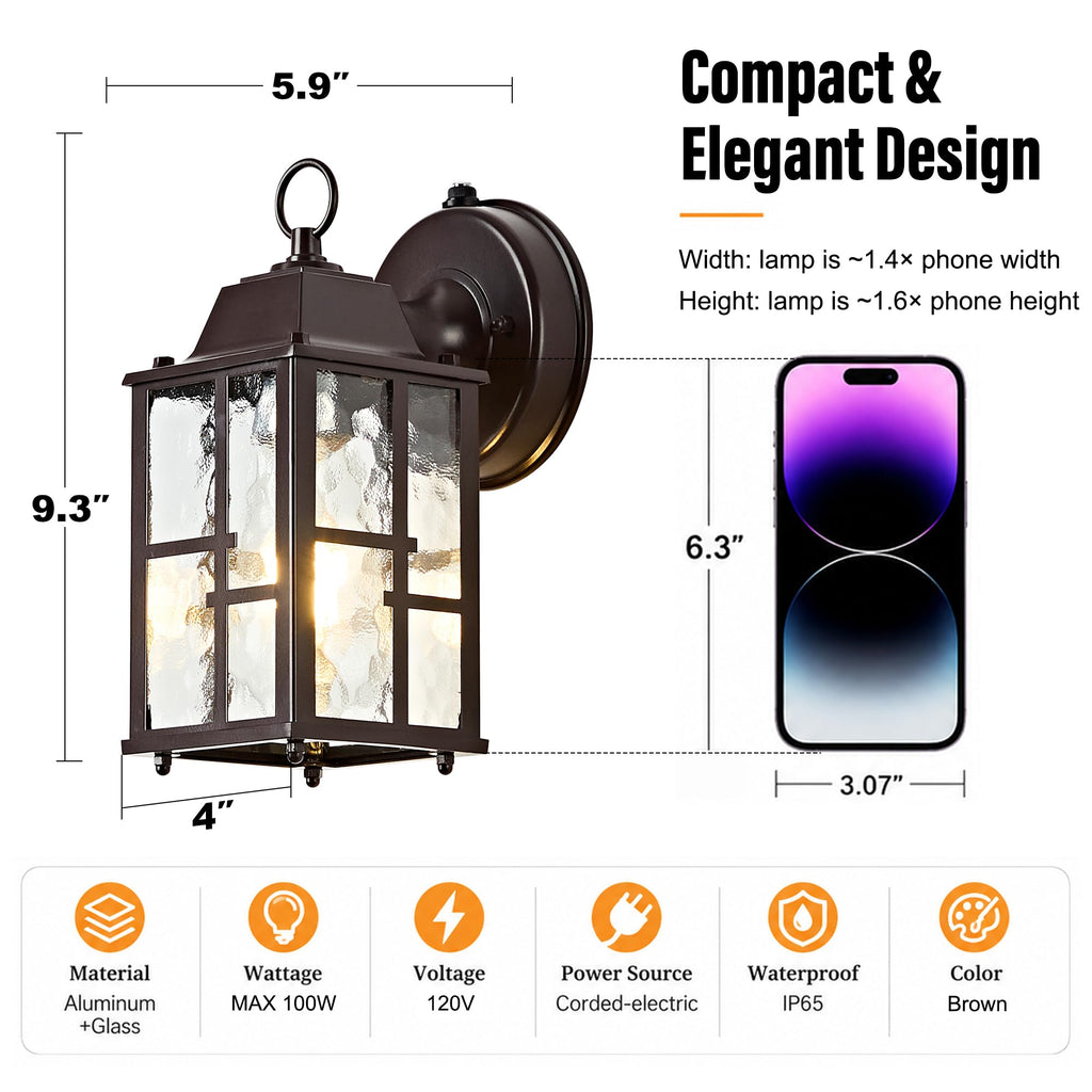 2-Pack Dusk to Dawn Outdoor Wall Lights, Weatherproof Exterior Lighting Fixture Wall Mount, Aluminum Ripple Glass