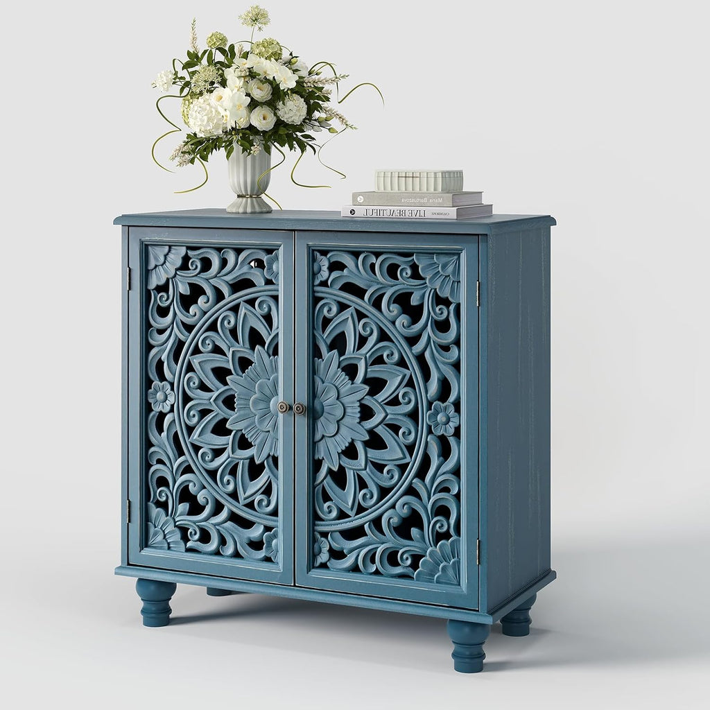 31" Accent Storage Cabinet with Carved Doors,Mandala Blue | Carved Floral Design, Solid Wood Legs, Versatile Storage