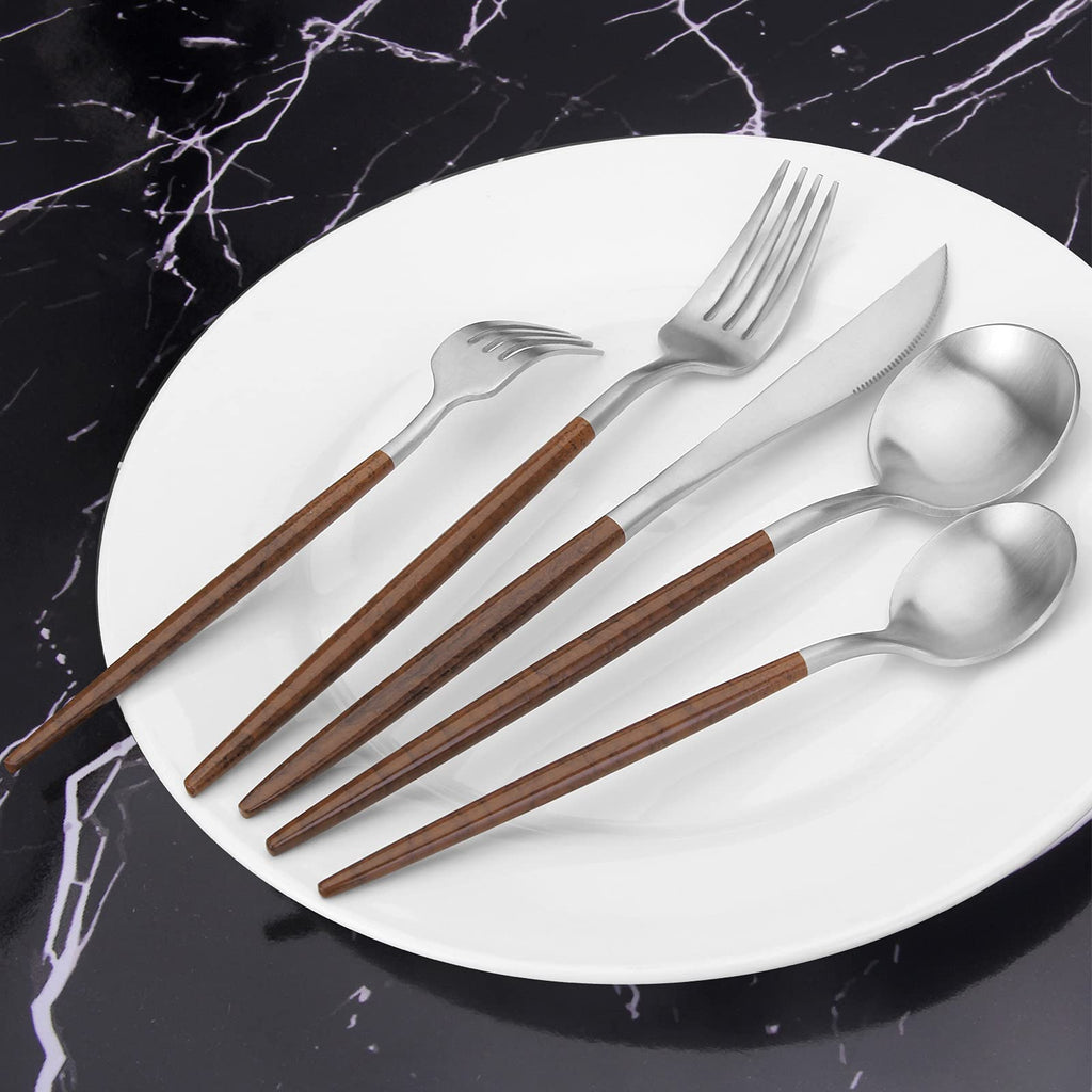 Matte Silver Silverware Set With Brown Handle, 20 Piece Stainless Steel Cutlery Flatware Set, Kitchen Utensil Sets