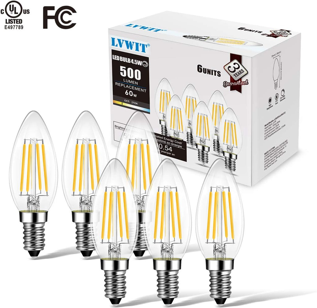 E12 Candelabra LED Bulb Dimmable, 2700K B11 Candle Light Bulb,6 Pack