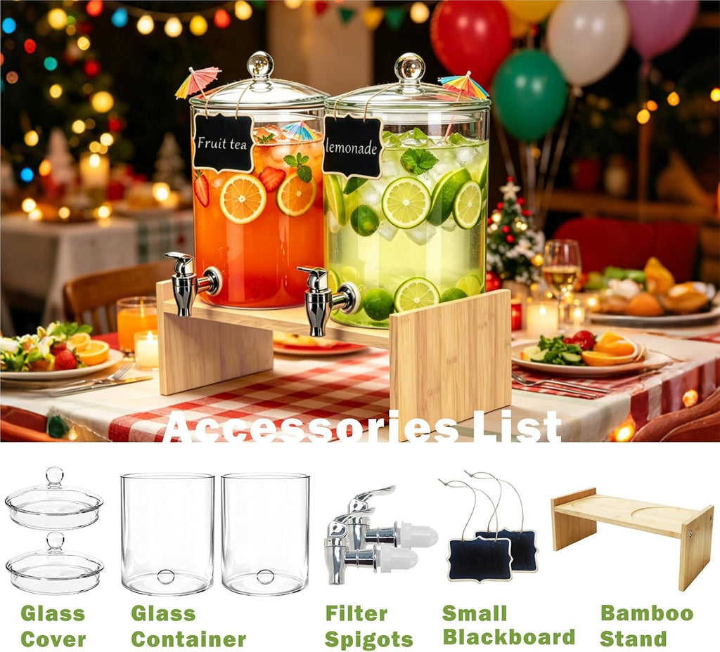 Glass Drink Dispenser with Bamboo Stand and Glass Lid, 2 Pack 1.3 Gallon - Set of 2