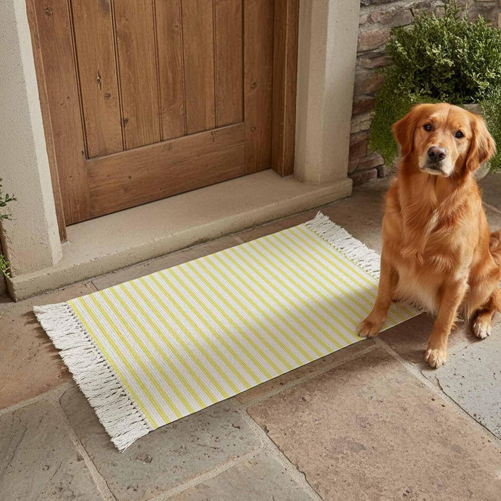 Minimalist Lemon Yellow Striped Runner Rug with Tassel Modern Art Vertical Line Print Entryway Rugs Washable