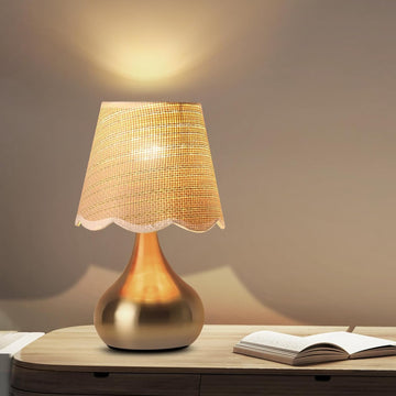 Small Table Lamp - Brass Gold Mini Table Lamps Vintage Decor Bedside Lamps for Night Stands Scalloped Rattan Shade