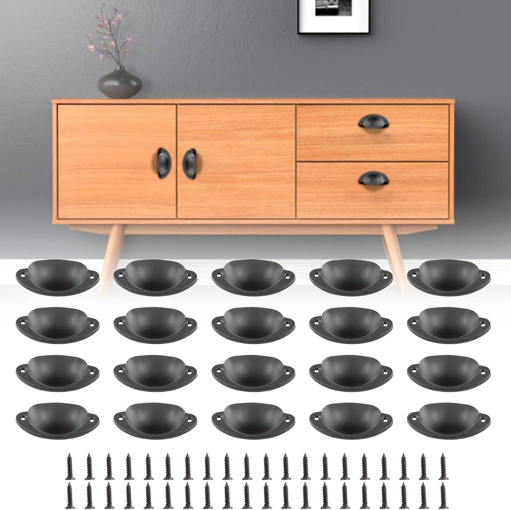 20 Pack Cabinet Bin Cup Pulls Black Half Moon Drawer Pulls, 2-5/8 Inch / 67mm Hole Center Dresser Pull Hardware Shell
