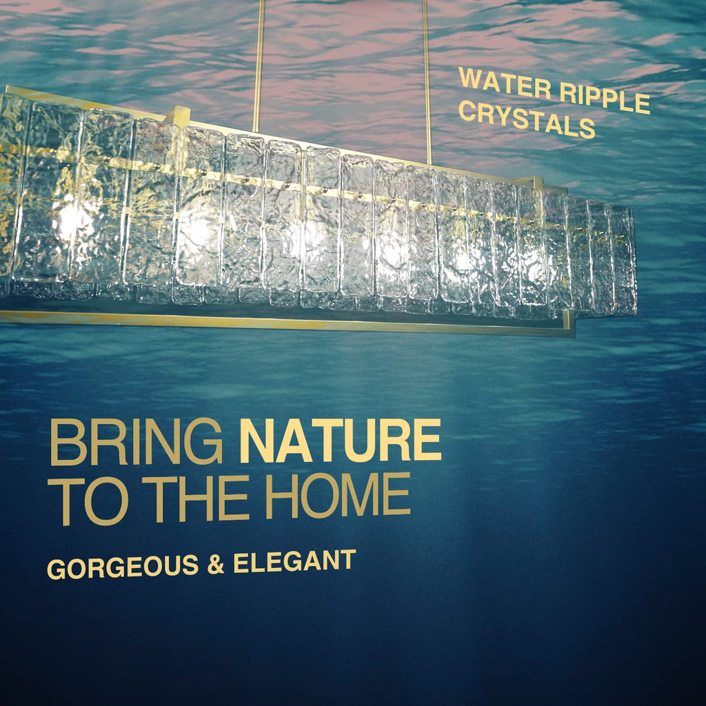 Modern Rectangle Gold Crystal Chandeliers, 42" Large Rectangular Water Ripple Glass Island Light Fixture, Elegant