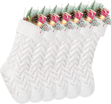 S, 18 Inch White Cable Knitted Stockings for Xmas Holiday Decoration, 6 Pack - Set of 6