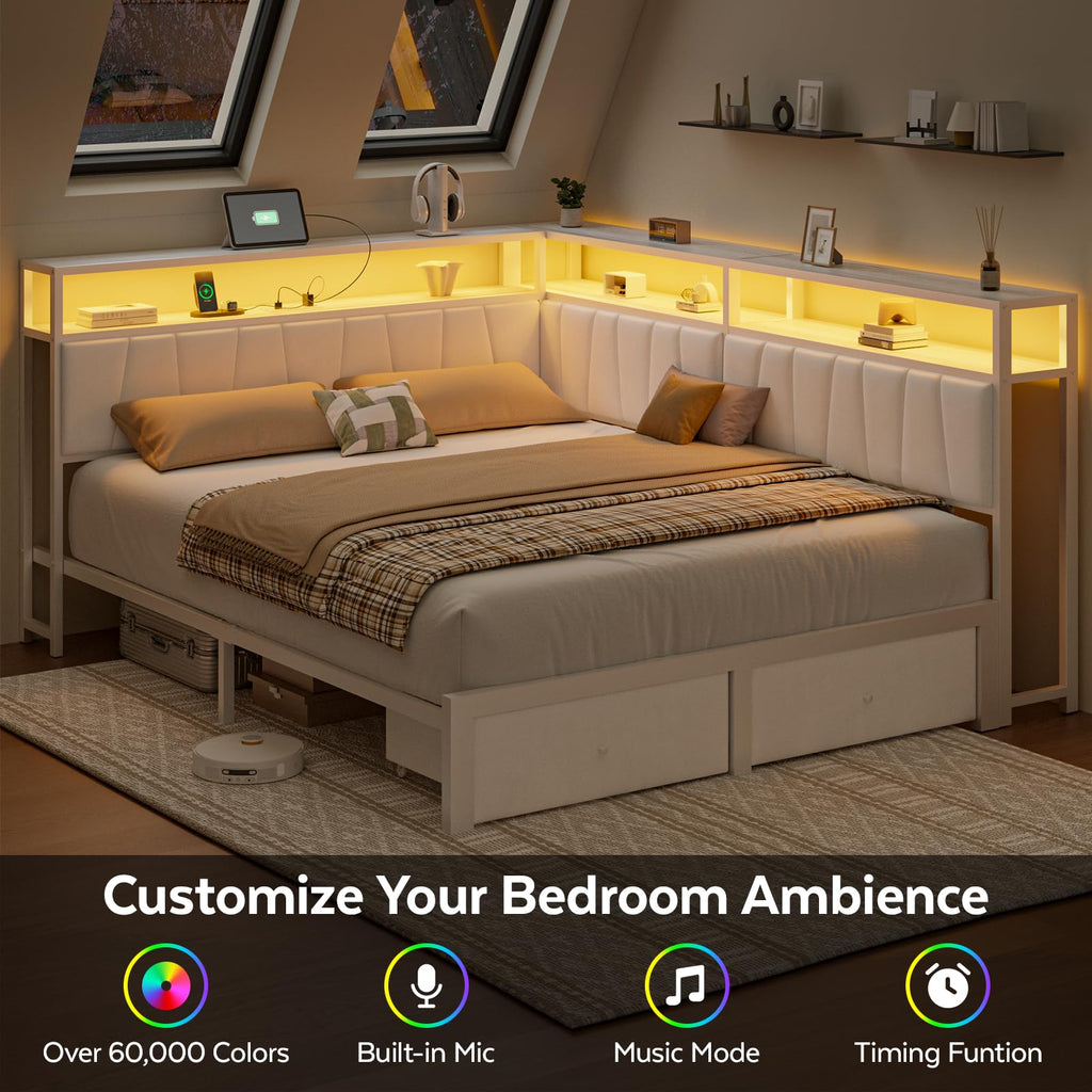 Full Corner Bed Frame with Storage Drawers, Modern Daybed with LED Lights and Charging Station, Metal Platform Bed